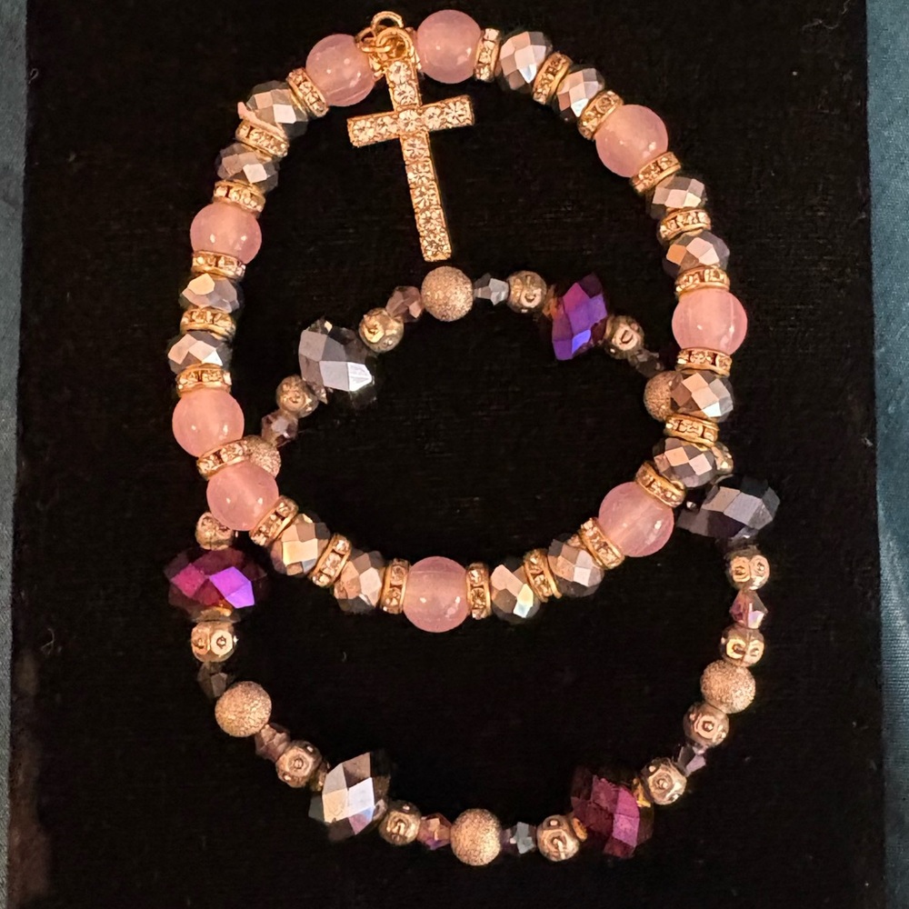 Pink and Purple Beaded Bracelets with Cross Charm